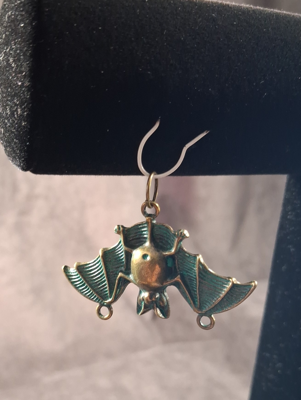 2/$5 Brass Tone Metal 36mm x 58mm Spread Wings Bat Pendant NEW Faux Patina